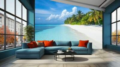 Tropical sea beach scene with clear turquoise water, white sandy shore and palm trees under a bright blue sky on a sunny day Wall mural