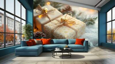 Two festive Christmas gifts tied with rustic twine, placed on snow with pine branches and glowing lights in a warm winter scene. Wall mural