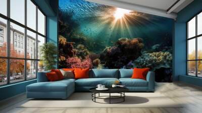 Underwater view of tropical coral reef with fishes and corals. Beautiful marine life, abstract natural background, gorgeous coral garden underwater, tropical. beauty of wild nature. generative Wall mural