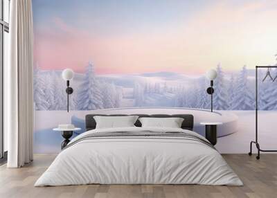 Winter Christmas Product podium on the background of drifts, snowflakes and snow, background landscape nature with trees Wall mural