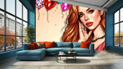 woman pop art and street art style. Festive background with a cheerful girl. Party girl poster. Beautiful girl romantic illustration Wall mural