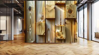 Wood background. Close-up of various textured wooden planks with distinct grains and patterns Wall mural