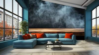 Wooden table with smoke rising against a dark background. Perfect for food photography, barbecue themes, or culinary visuals. Wall mural