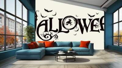 Halloween horizontal banner with vector logo. The inscription with ominous tree branches, bats and a pretty witch on a background of the full moon. Wall mural