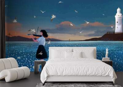 person on the beach playing music anime digital art illustration paint background wallpaper Wall mural