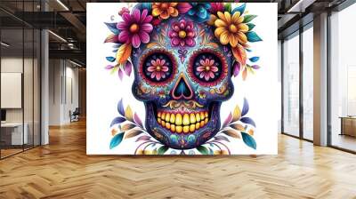 A vibrant floral skull design featuring colorful flowers, perfect for celebrating life and honoring traditions. Wall mural