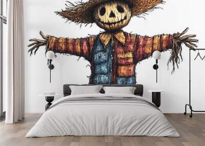 Hand drawn illustration of a scarecrow with a wide hat and outstretched arms. Wall mural