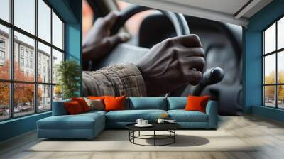 African man holding the steering wheel inside the car with two hands, Generative AI Wall mural