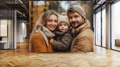 Beautiful young family on a walk in autumn forest, Generative AI Wall mural