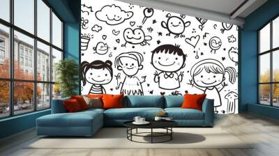 Funny children drawing  doodle set, Generative AI Wall mural