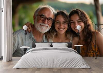 grandparents and hug for family summer vacation, holiday or break together in the outdoors. Happy grandma, grandpa and daughter with smile in joyful happiness, love or care for elderly, Generative AI Wall mural