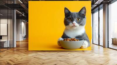 Gray and white cat eating cat food from bowl on bright yellow background. The concept of healthy eating your beloved pet, Generative AI Wall mural