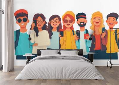 Group of young stylish modern teenagers people with smartphones and making selfie together isolated on white background.  flat illustration, Generative AI Wall mural