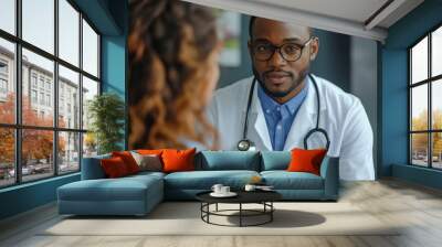 Male doctor listening to young female patient heart chest with stethoscope at clinic meeting, man GP examining woman client with phonendoscope, Generative AI Wall mural