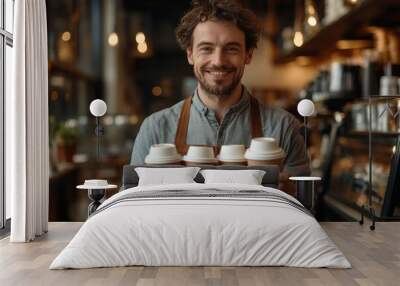 Portrait of cheerful european man barista holding coffee cups box and giving take away order, looking and smiling at camera, standing in cafe, Generative AI Wall mural