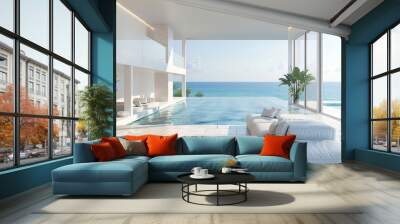 Sea view empty large living room of luxury summer beach house with swimming pool near terrace. Big white wall background in vacation home or holiday villa. 3D, Generative AI Wall mural