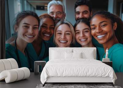 Selfie and hospital doctors, happy people or surgeon team smile on healthcare, medical photo or health services. Teamwork support, memory picture or group face of diversity medicare, Generative AI Wall mural