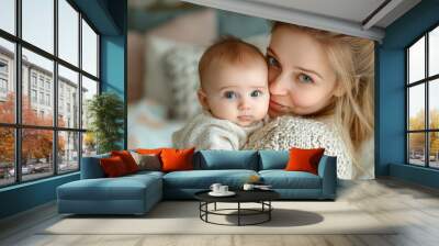 Young mother holding cute little baby and bonding at home, enjoying time together, woman kissing kid and cuddling, bedroom background, Generative AI Wall mural