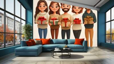 A cheerful group of five animated characters holding colorful gifts, smiling and dressed in casual attire, perfect for festive celebrations. Wall mural