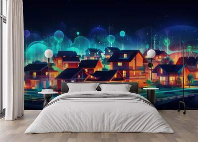 Illustration of houses / neighborhoods with technical theme / smart houses. Could be used to illustrate broadband, internet services, smart meters, house connectivity. Wall mural