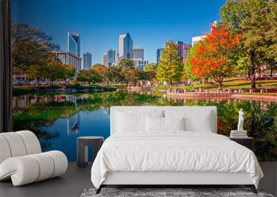 charlotte city skyline from marshall park autumn season with blu Wall mural