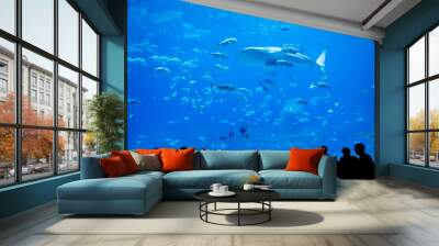 whale sharks swimming in aquarium with people observing Wall mural