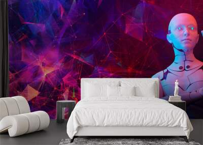 3D humanoid AI robot metaverse cyberspace digital world background, revolution of AI artificial intelligence automated digital technology industry 4.0 concept Wall mural