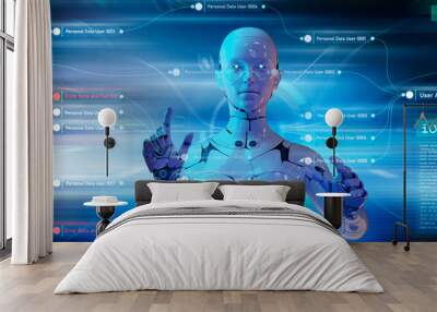 Artificial intelligence 3D robot programming computer interface AI chatbot futuristic cyber space metaverse background, digital world technology Wall mural