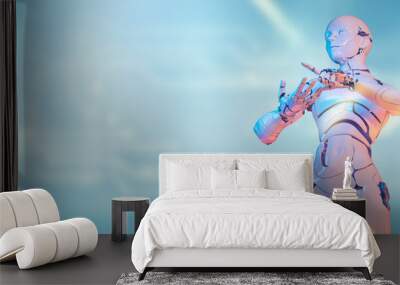 Artificial intelligence technology network security IoT and machine learning future digital technology, 3D robot with futuristic metaverse cyber space background. Wall mural