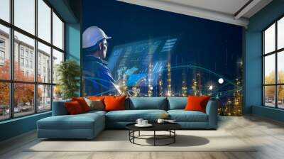 Asian engineer smart industry background, sustainable power saving energy management smart factory  technology, oil and gas plant background Wall mural