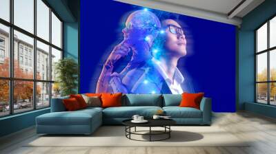 Business investment and AI artificial intelligence chatbot data analysis technology. Businessman and robot future investor, stock market, forex, and crypto currency finance investment metaverse.  Wall mural