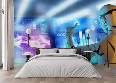 Computer aided manufacturing, future factory engineering and industrial technology, 3D robot teamwork working in factory futuristic metaverse cyber digital world Wall mural