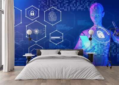 Cybersecurity, cybercrime,  internet scam, 3D robot digital network technology computer virus attack risk password protection, identity privacy data hacking, AI artificial intelligence firewall Wall mural