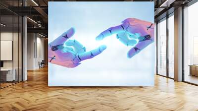 Digital marketing concept, future smart world technology futuristic 3D robot hands connect abstract cyber background. Big data business digital marketing strategy internet metaverse technology Wall mural