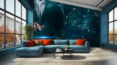 Digital marketing data analytic technology, businessman's hand using mobile phone computer to manage business marketing sale commercial media data cyber space digital world metaverse background Wall mural