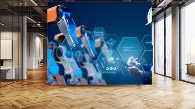 Engineer industrial robot, 3D robot arms futuristic robot working, professional engineer coding programmer platform software for robot production line in factory Wall mural