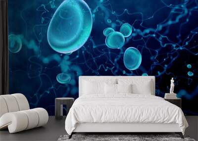 Microscope red blood cells and virus Bacteria, infection 3d rendering, health care, medical and science concept. particle in blood, human body science biology Wall mural