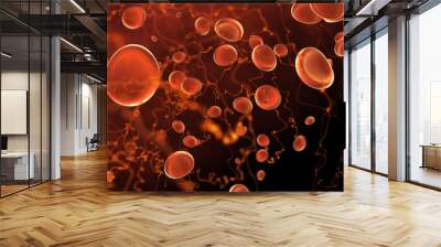 Microscope red blood cells and virus Bacteria, infection 3d rendering, health care, medical and science concept. particle in blood, human body science biology Wall mural