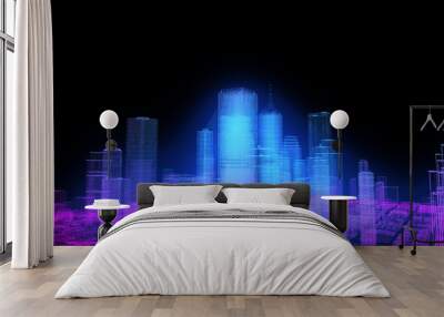 Neon colored city 3D zoom out view. Finance business and technology city, futuristic smart digital city sci-fi theme.  Wall mural