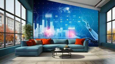 Smart city digital world, future sustainable IoT city security system support. AI robot service 3D robot render IoT smart city security technology, smart digital lifestyle automation control online Wall mural