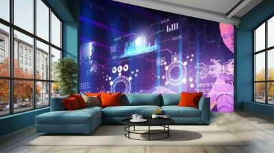 Smart city digital world metaverse, 3D AI artificial intelligence robot engineer digital technology security power energy sustainable environment technology futuristic interface, 3D city interface Wall mural