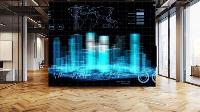 Smart world technology digital smart city 3D architecture building hologram scan UI monitor screen HUD iot internet of thing artificial intelligence, security system tech futuristic background Wall mural