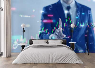 Stock exchange market and business investment, corporate finance economy stock graph chart price with business man hand finger pointing to graph Wall mural