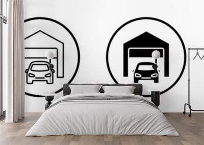 Garage car icon set. Home car parking garage vector symbol in automobile mechanic repair garage sign style. Wall mural