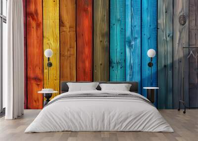 a captivating gradient effect created by vertical wooden planks painted in various colors, transitioning through the colors of the rainbow Wall mural