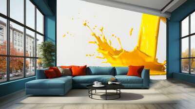 a captivating moment frozen in time--a can of bright yellow paint being poured out, creating a vibrant splash on a pristine white surface Wall mural