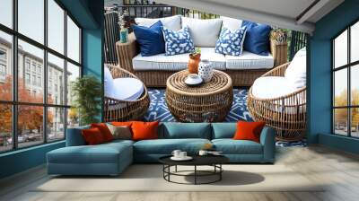 a cozy and inviting outdoor patio setup. It features a wicker sofa and two wicker chairs, all with white and blue cushions Wall mural