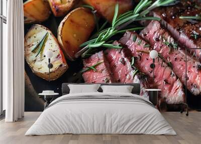 a delicious plate of food featuring sliced, grilled steak garnished with a sprig of rosemary. The steak is cooked to a medium-rare doneness Wall mural