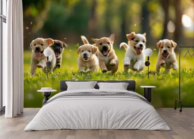 A delightful image capturing a group of playful puppy dogs frolicking and running joyfully in a lush green grassy field, exuding boundless energy and enthusiasm Wall mural