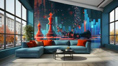 a dramatic scene on a chessboard. A black king piece is being shattered by an unseen force, while a white queen piece lies fallen beside it Wall mural